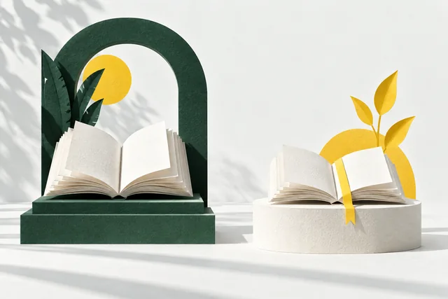 Two separate paper books symbolise the independent reference and its original sources.