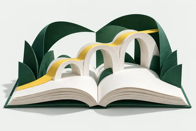 An open paper book becomes connected bridges, a conceptual illustration of access to knowledge.