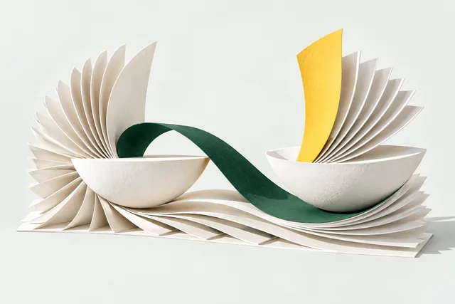 Curved paper pages and a yellow rising sheet suggest Brazil’s copyright reform debate.