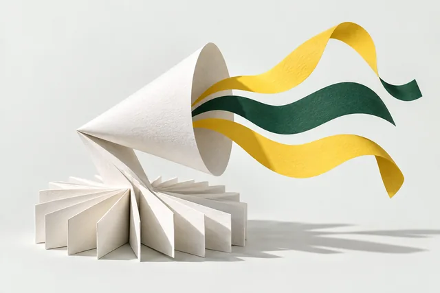 An open paper form releases coloured ribbons, a metaphor for freedom of expression.
