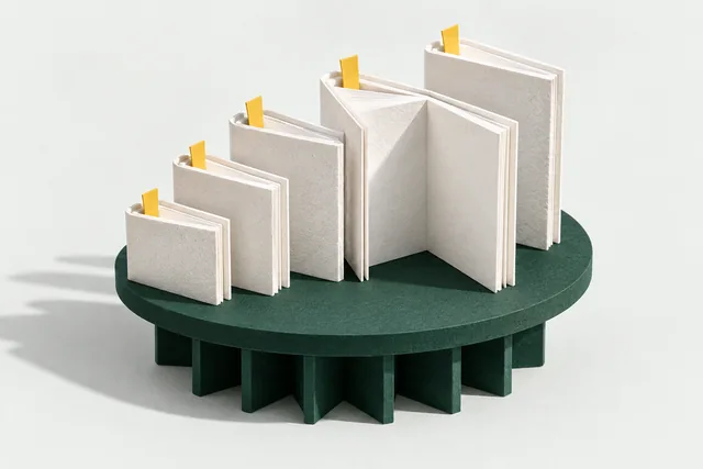 Five folded folios with yellow bookmarks form a miniature reference library.